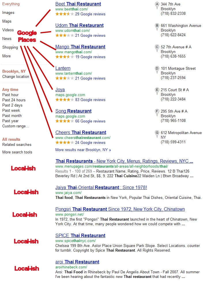 SERPs for thai restaurant, with location set to Brooklyn, NY